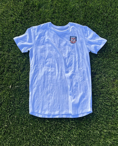 T-Shirt mit selbstgewähltem Druck in blau, weiß, grau und schwarz