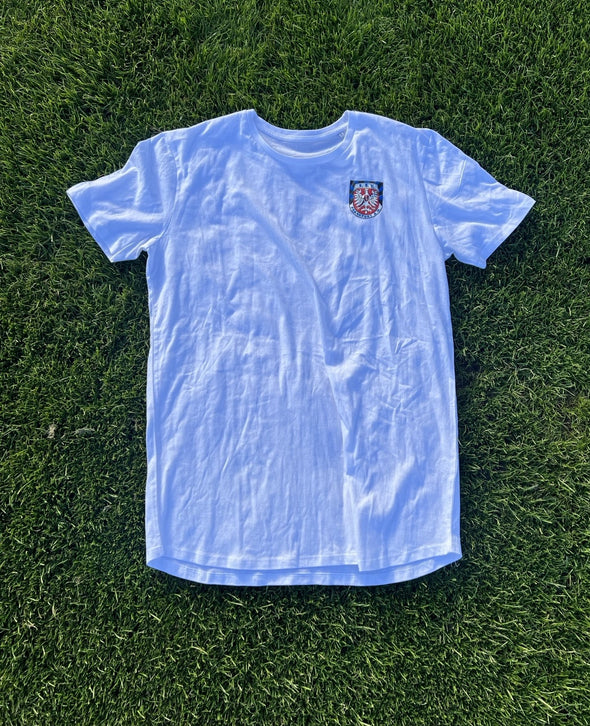 T-Shirt mit selbstgewähltem Druck in blau, weiß, grau und schwarz